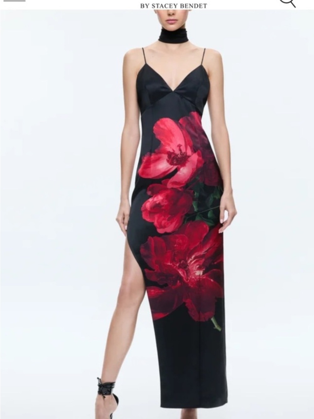 Alice + Olivia Black Monika maxi Slip Dress with Red Floral Motif with scarf - Picture 6 of 9